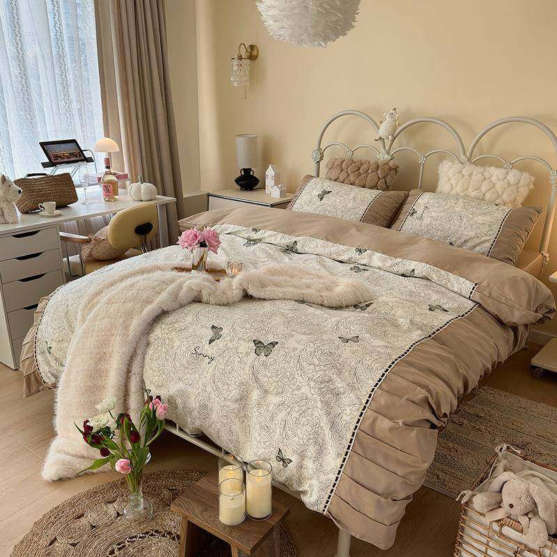 浪法式复古纯棉四件套全四棉褶皱花边碎蝴蝶件套AHD花被套床漫上