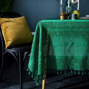 红家用森百系镂空方格钩针RGD流带苏餐桌布客网厅茶几台布简约搭