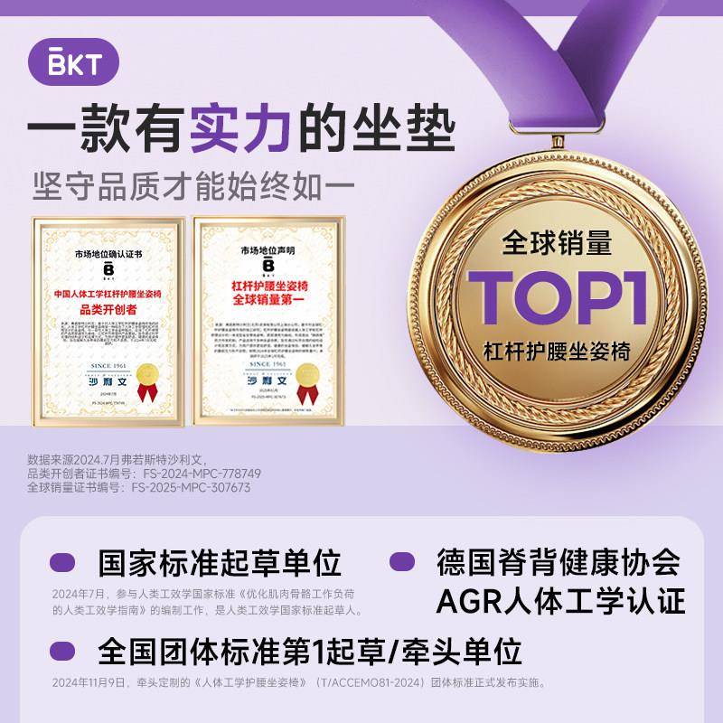 BKT护腰坐垫加大款人体工学办公室靠背 久坐支撑座垫台湾官方旗舰