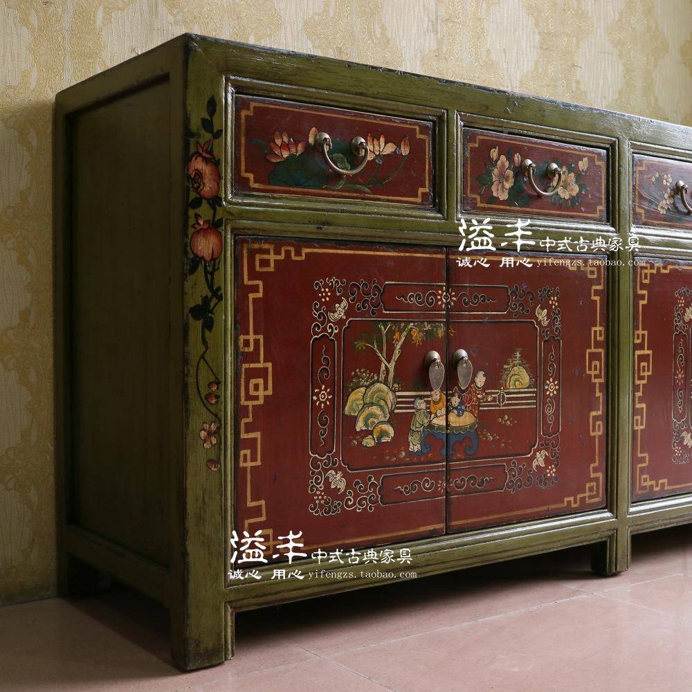 明清仿古木饰玄实关柜中式手绘客厅储物柜彩餐边柜绘装隔断门9698