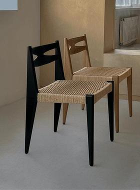 中古风木实绳编25463餐法用式复古靠背餐桌椅家椅民宿设计师日式