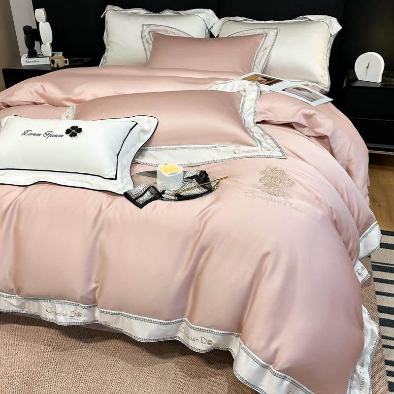 A类6可0支地兰精天丝素色绣奥花四件套凉感利ATR简约裸睡床品机洗