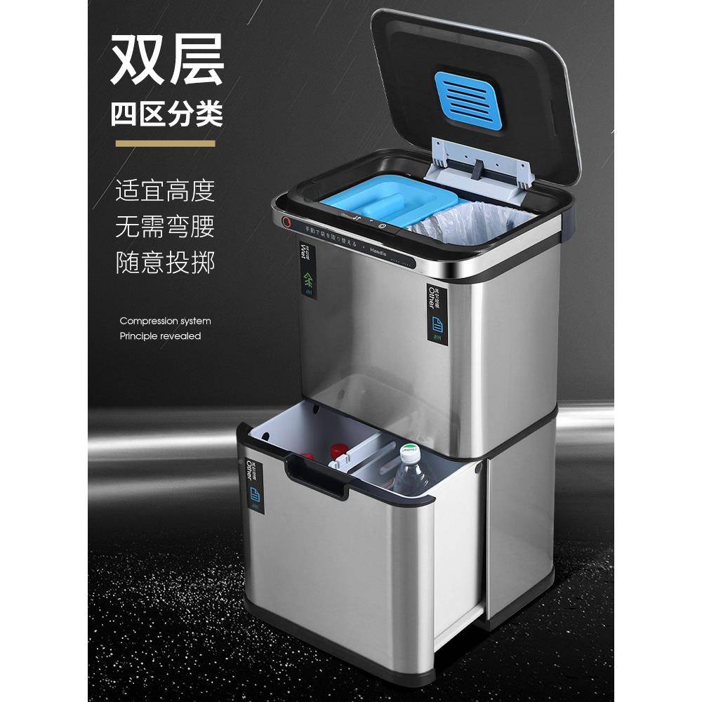 智感应分类垃圾家用房家庭厨上海干湿不锈钢桶8721大号带能盖双桶