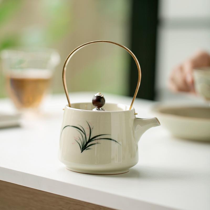 草木灰手绘兰花提梁铜把NIQ陶瓷泡茶壶家大容量壶水壶用手提茶单