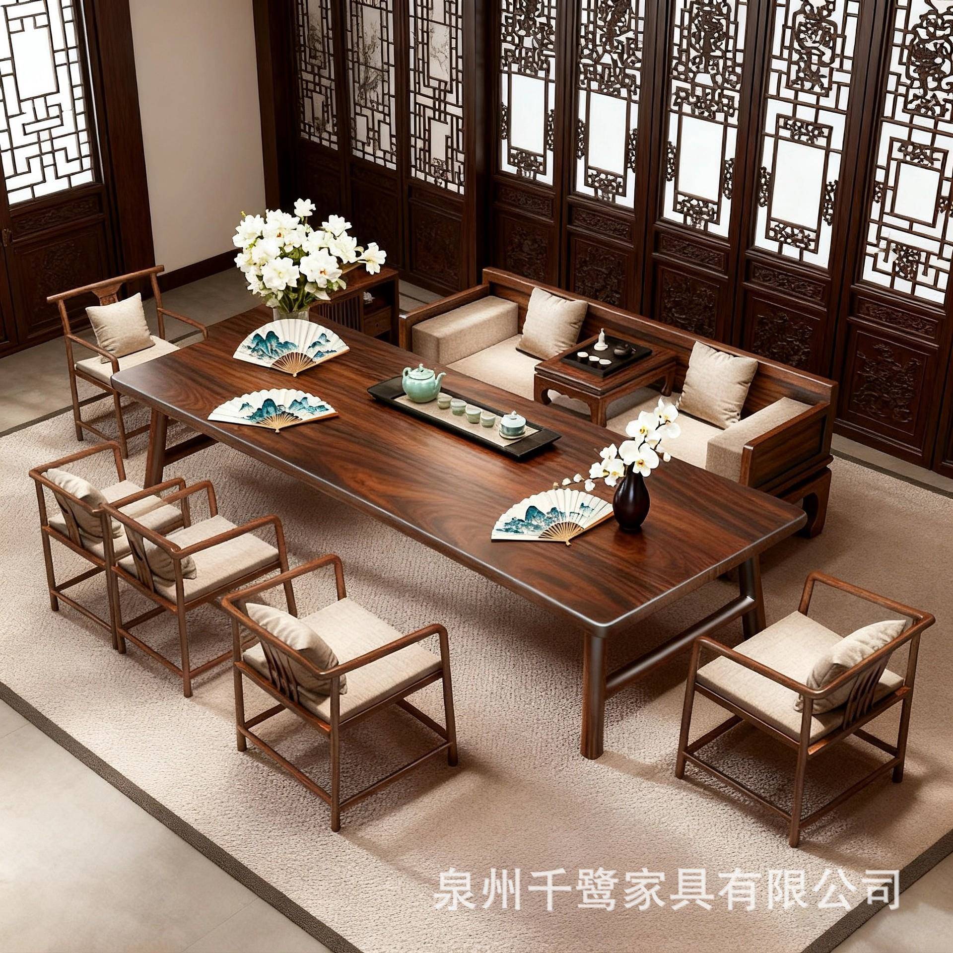 2026新款胡木汉床茶桌椅组桃合办公室YYH客新中式实罗木喝茶泡茶