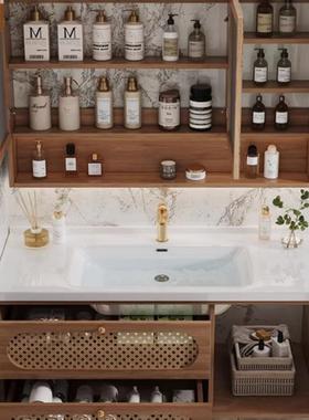 复日式原木藤编室柜浴古藤编组合陶瓷卫生间手洗漱橡木洗简95172