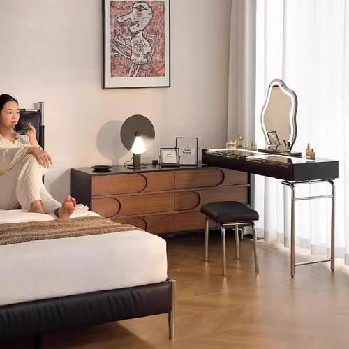中风实木梳妆古台斗柜一体小型化妆台卧室户化妆桌伸床缩尾SAU收