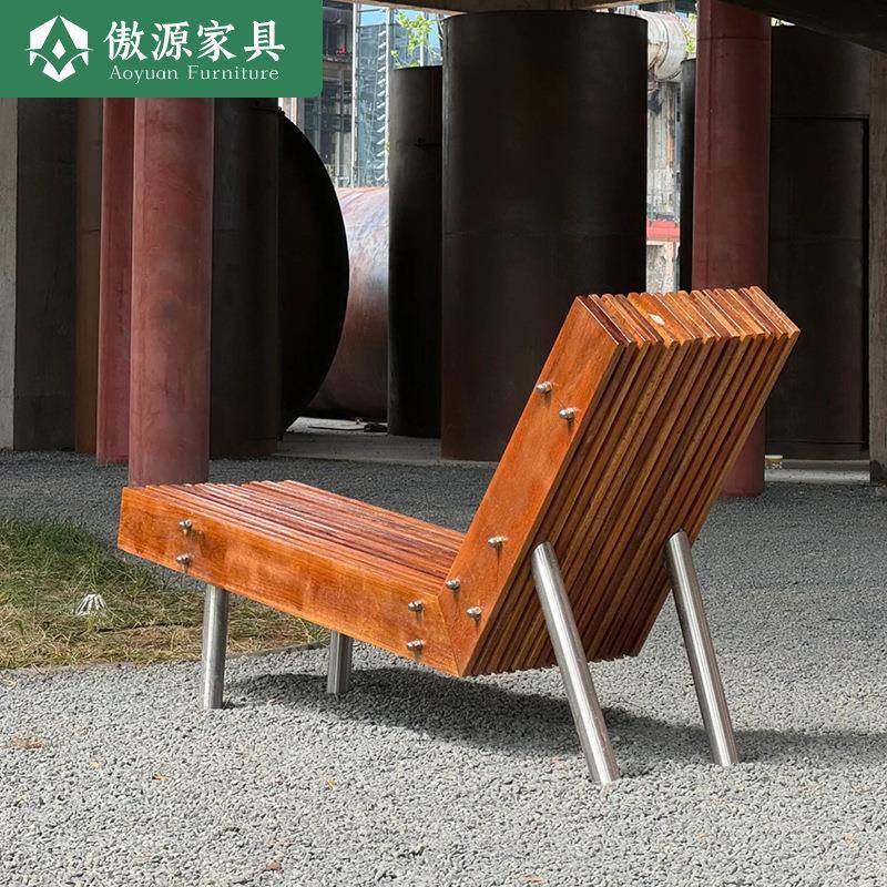 公园椅户外长椅防腐木长条椅不锈钢坐凳庭院景观室外休闲座椅长凳