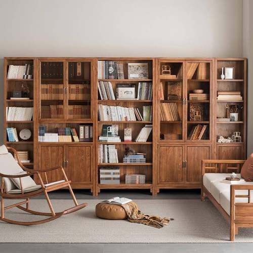 示5V新无品牌/中木式实书柜老榆木落地书架橱带门书展柜文件柜其