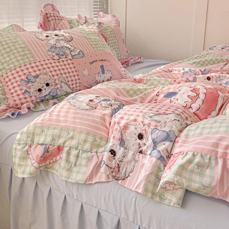 款云朵超柔卡通花边被套四KFC新件套三件床单床笠床裙款棉软套糯