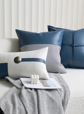 发现简约亮方蓝色PU皮抱枕客厅沙靠枕样代板间装饰BVK靠垫长形腰