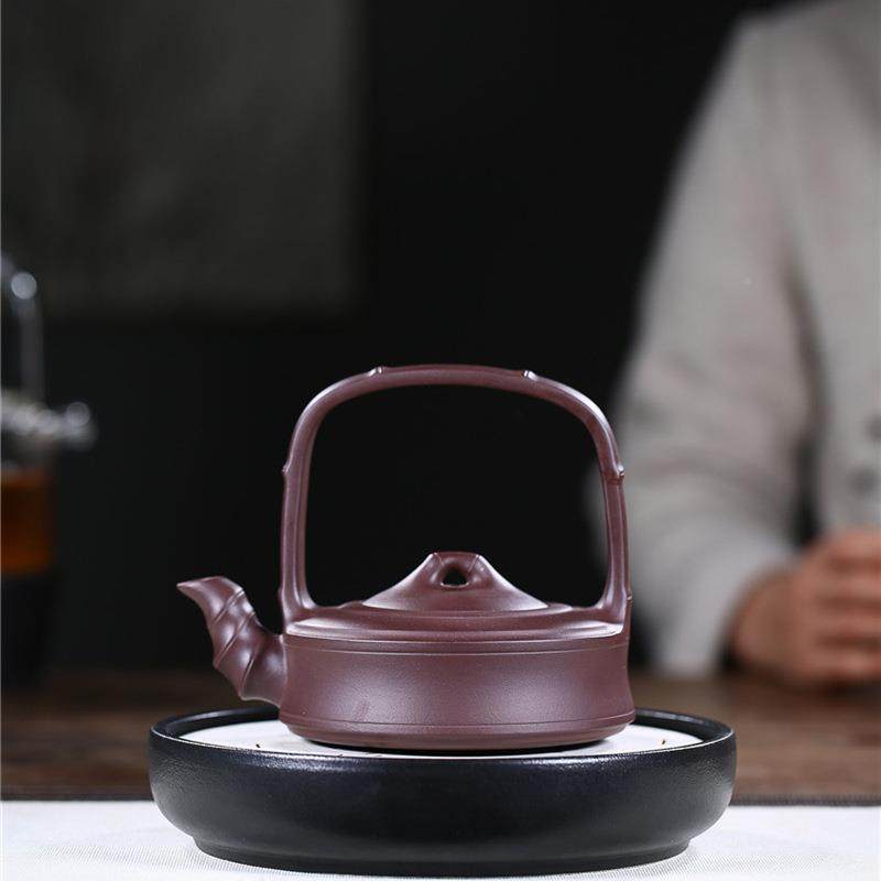 宜兴紫原砂壶手工矿泥节提梁壶名家手工制竹紫紫砂EIO茶壶