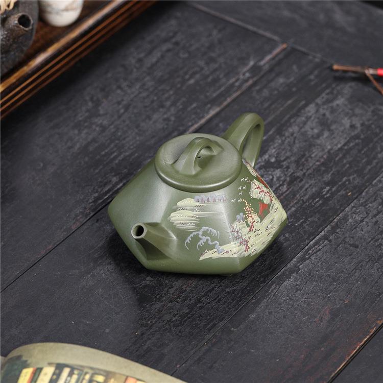 矿宜兴紫砂壶原绿泥泥绘山水六方壶石瓢家WWD用紫砂茶茶具