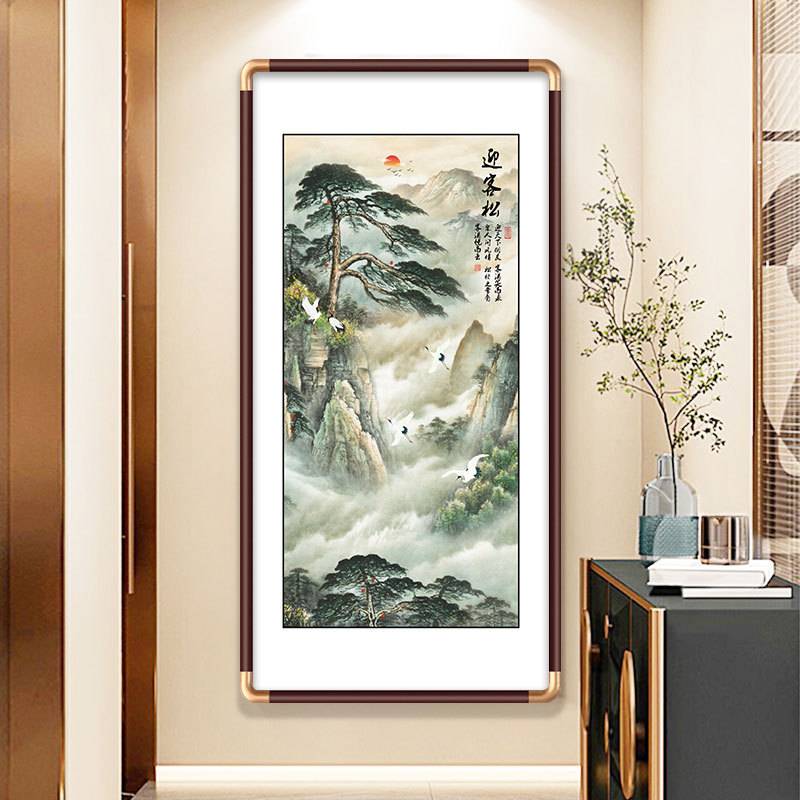 新中式玄关装饰画中式实木榫卯圆角壁画入户进门墙过道迎客松挂画