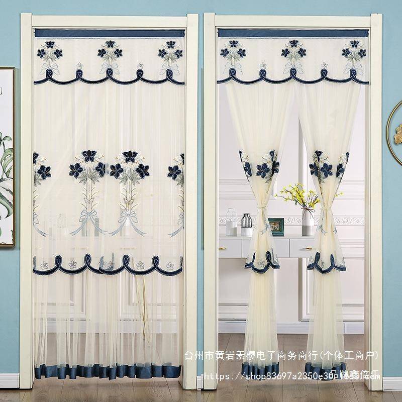 蕾丝门帘家蚊用四季防纱NI帘隔季通用双层断帘免打孔夏卧室纱门帘