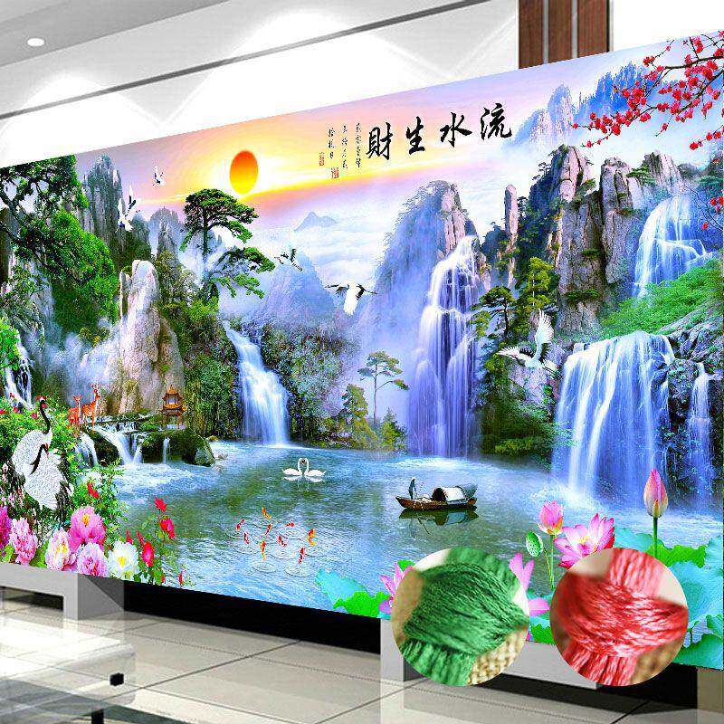 线手工十字绣花202满5新款客厅荷风景绣山水画流水nMsAVcAI生财迎