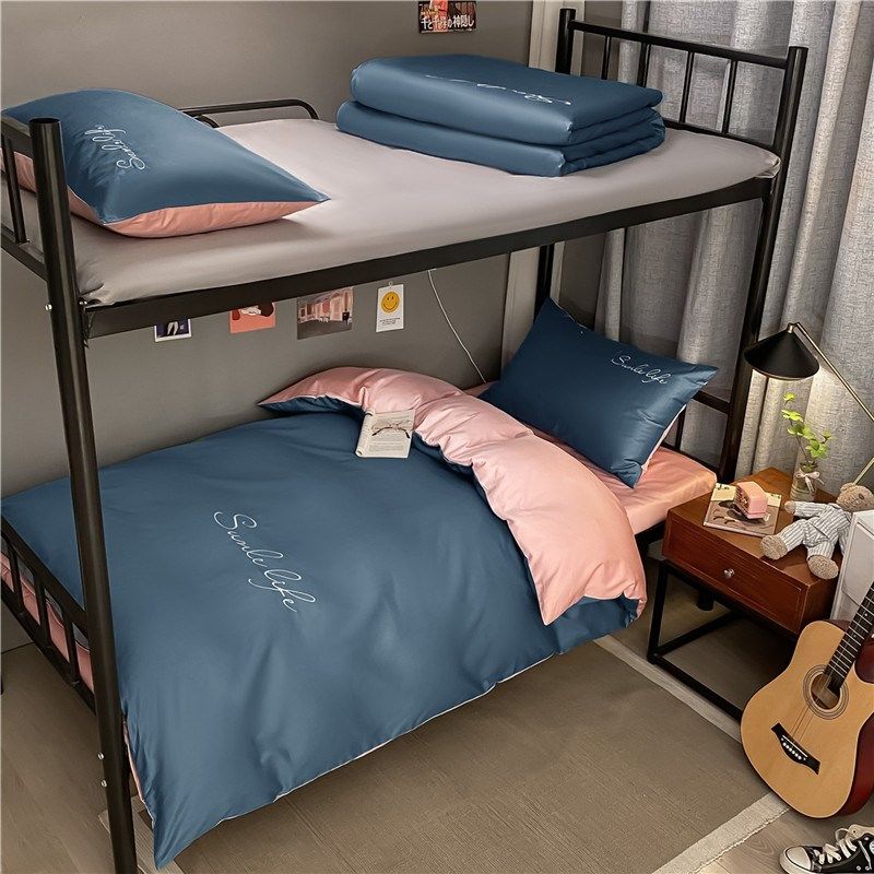 简约学生宿舍单人床单三件套上下铺单被套寝室学校批量可刺绣logo