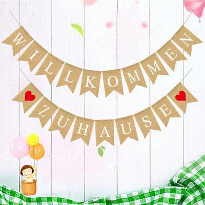 厂家直供 家庭聚会派对装饰拉花  WILLKOMMEN ZUHAUSE麻布燕尾旗