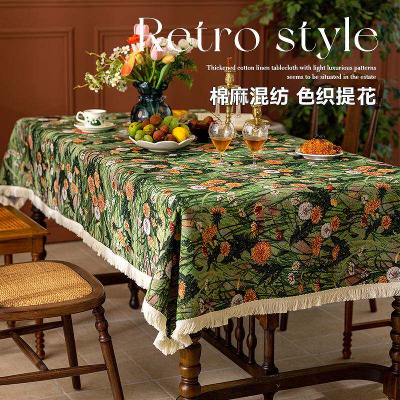 新品油风美式复花古餐桌布蒲公英桌蒲公英桌提流苏氛围感装饰台布