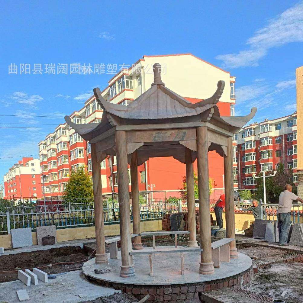 石雕凉亭公园户外石亭雕凉QYV区庭院花岩六景角八角石头亭岗子厂