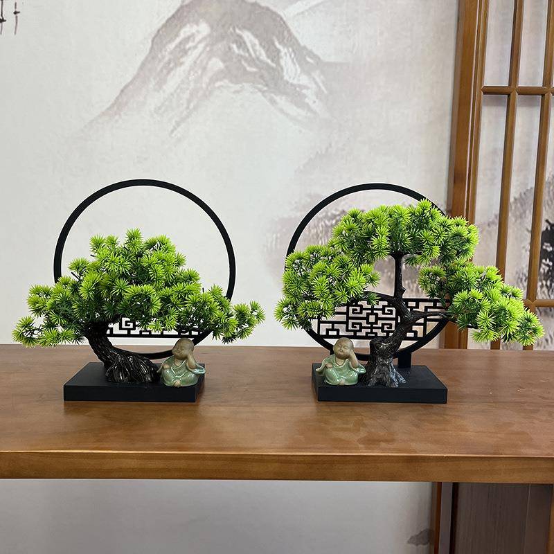 中仿真迎客松罗汉玄松树关书架新TCG式摆件书房客厅装植饰假绿美