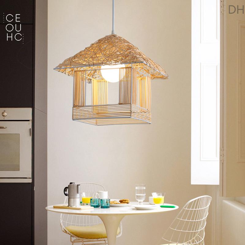 藤艺灯简约田客厅创吊意性服装店DOK铺竹个编圆麻球园形鸟巢鸟窝