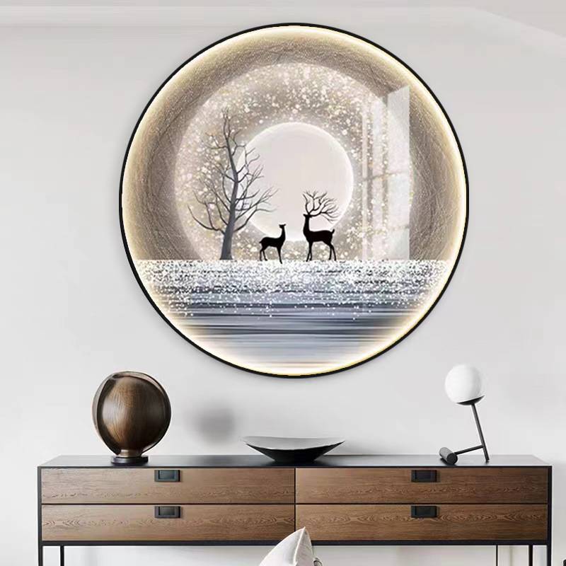 星空麋鹿圆形led装饰画客厅发光灯画现代简约走廊挂画玄关墙壁画图片