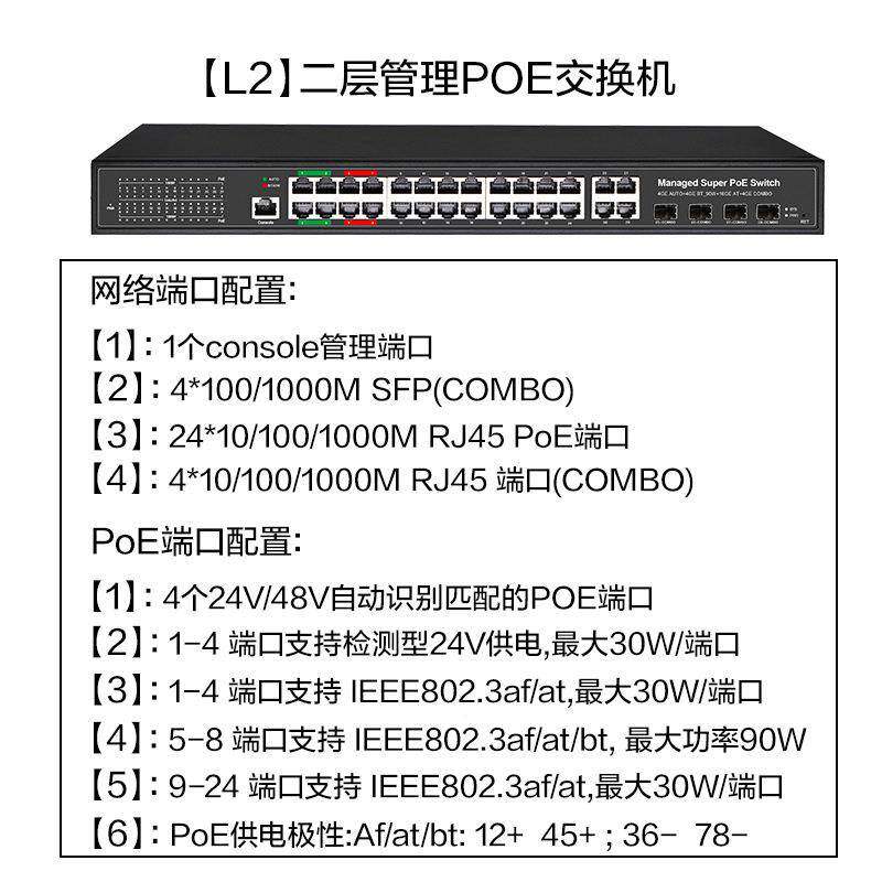 千兆二层管理型网24口大功管POE交换机端率口输出达90IOJW+4组复