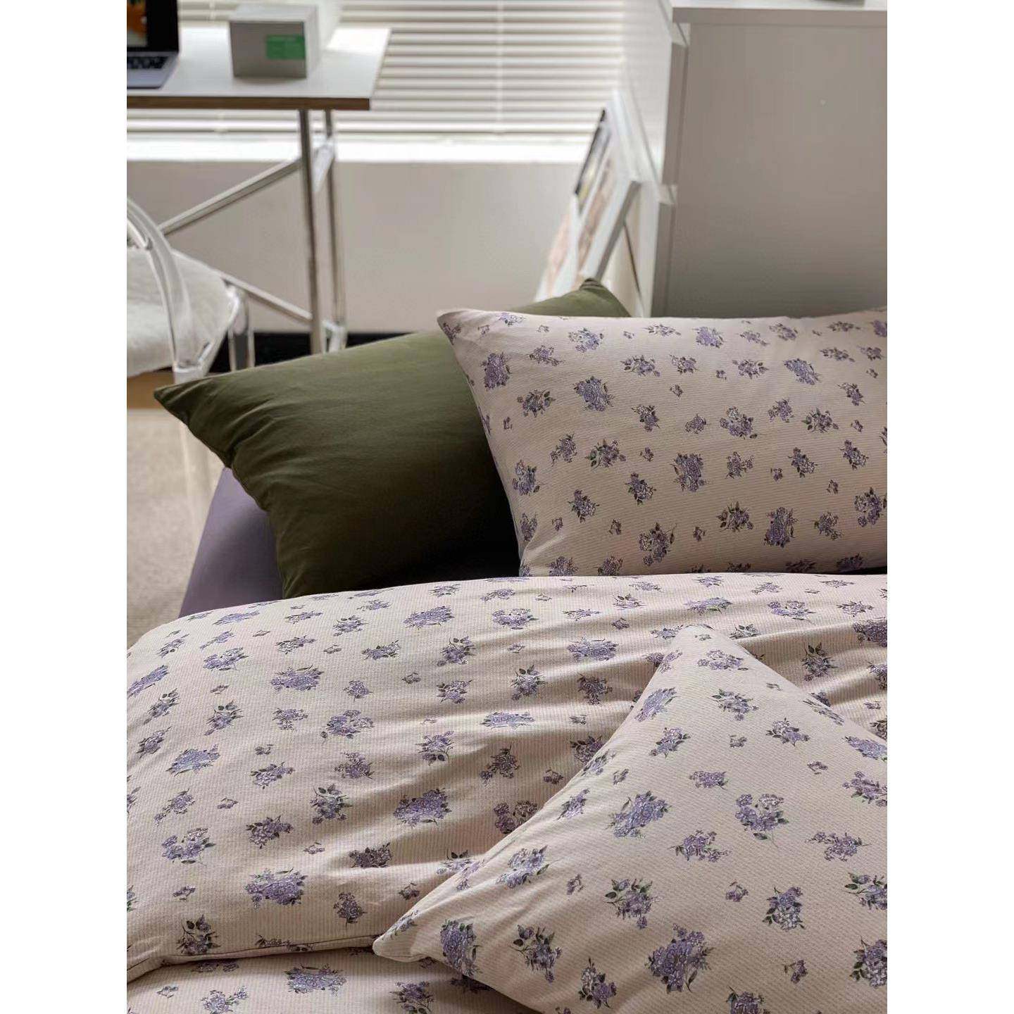 全针织棉四件套法XNO红小碎花田园棉网天竺棉床品落檀式紫