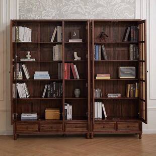 美式125复胡古北黑桃实木书柜组合两美三门置物书架门简约现代玻