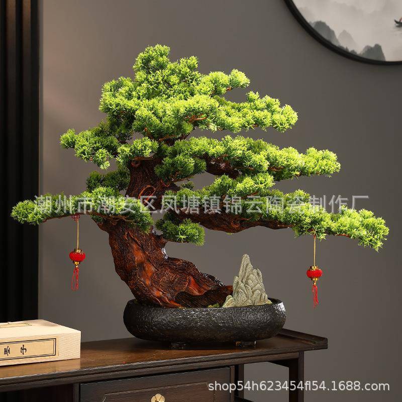 中式内客厅盆景仿迎松绿植真造客景摆件办IFE公室室盆栽玄关桌面