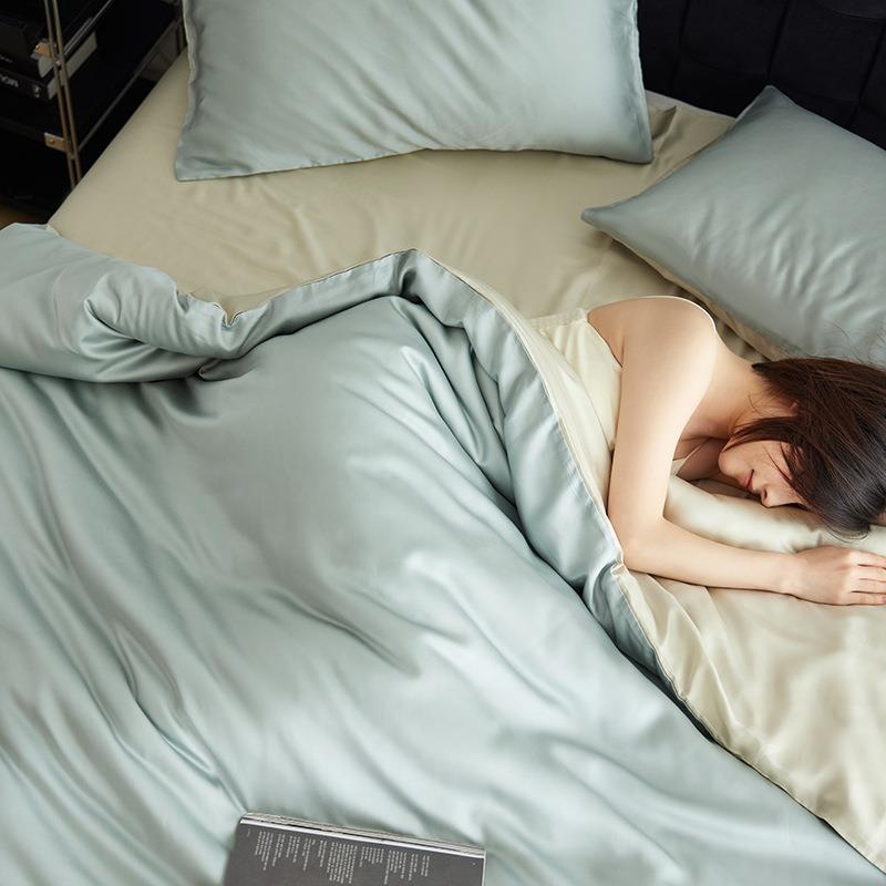 约60支兰精天丝拼色四件套凉简感夏季被轻床yn床单床笠套上用品