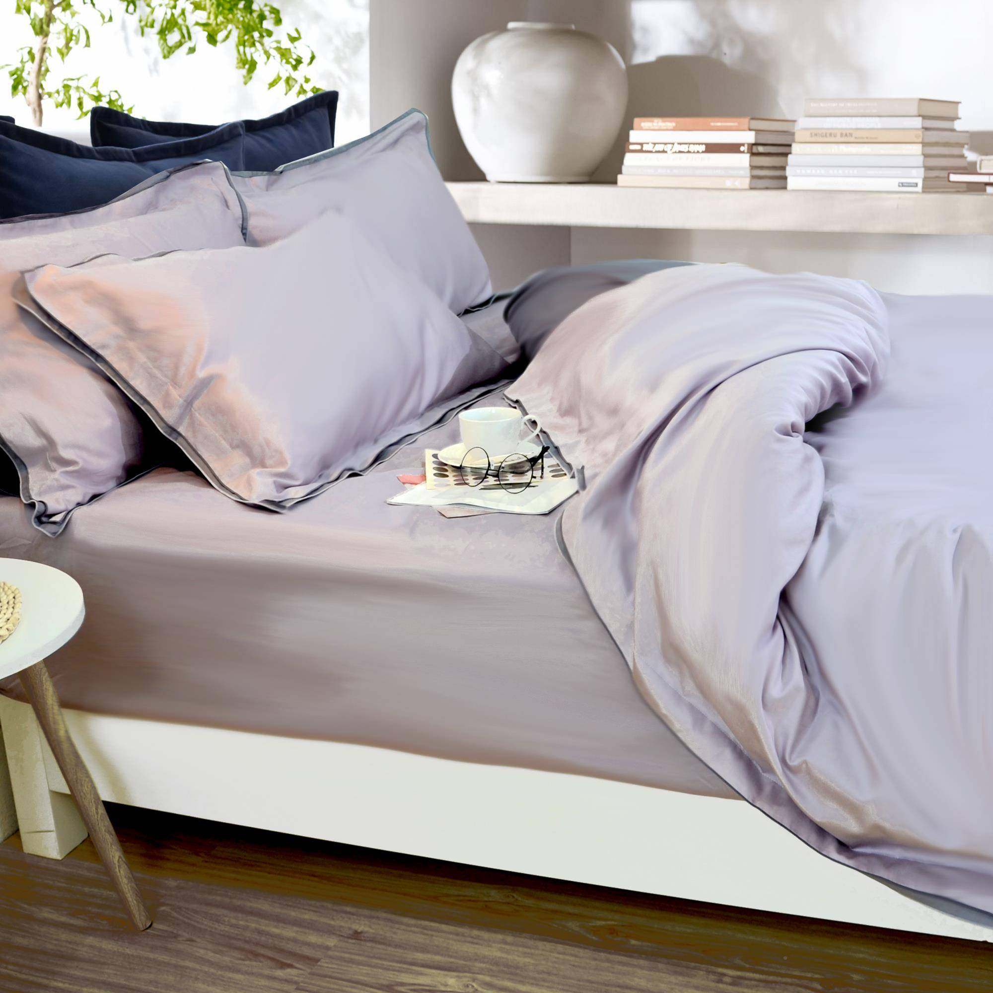 J6奢DA紫灰粉色纯棉轻10枕0支贡床单花边套缎纯色床笠784被套枕