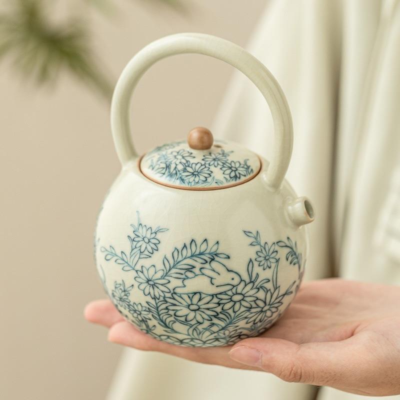 汝窑阳花萌兔提梁壶陶瓷用中式茶CQX壶泡家带过滤向茶具泡茶茶壶
