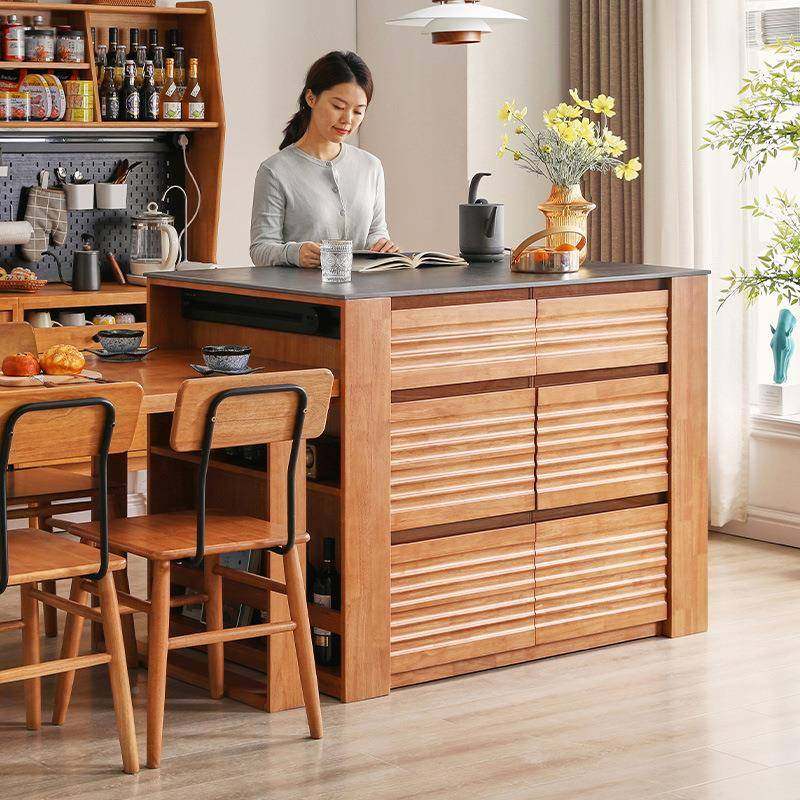 家台逸实岩板木岛餐桌实木餐桌椅组合4人6人小户型长饭方WPK桌桌