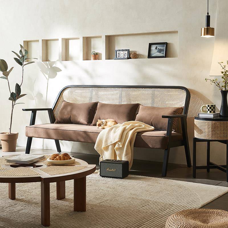 靠W8藤编898双人厅三人休闲藤椅中古实木软包背诧寂椅风沙发椅餐