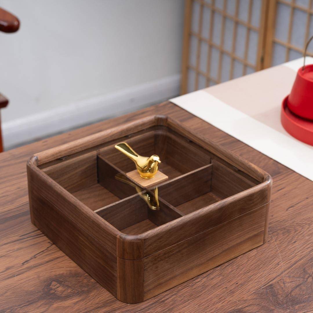 木质干果盒实木干果盒客厅桌轻奢黑GOW胡桃复木分格收纳盒面密古