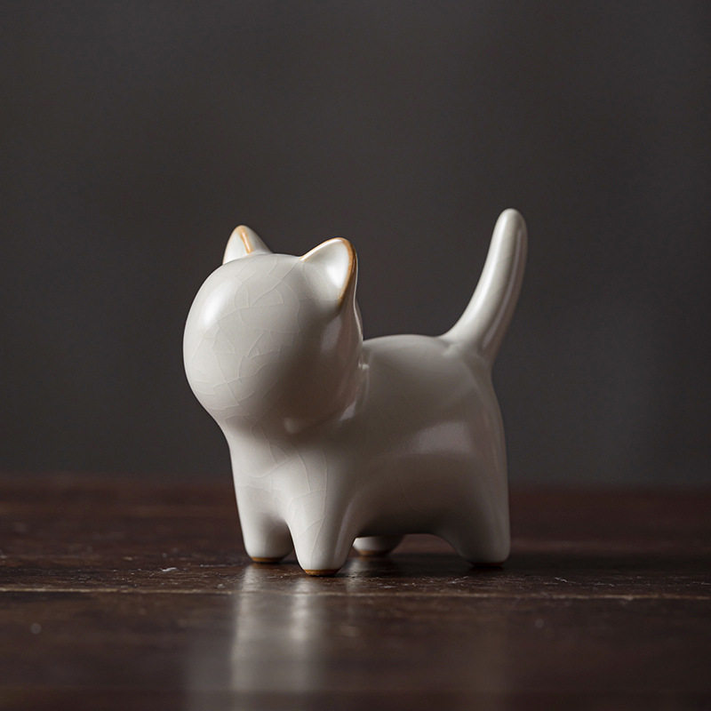 中式复古汝窑萌猫开片茶宠可养