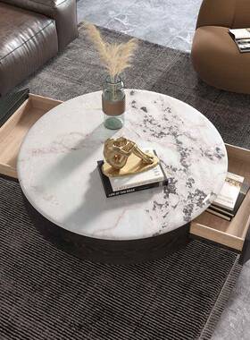 意式极圆简形大理石型实木茶几家用小户简约现代KNR超天然晶石圆