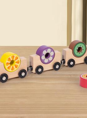 木质拉WBS火儿童装积木玩车具124岁男女孩宝宝拼早教益拖智形状配