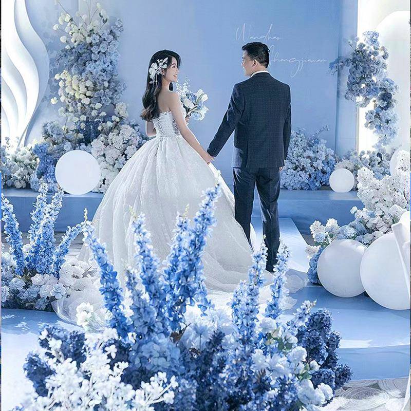 新款婚庆蓝布花色地排婚花礼蓝色地排仿真场景置装饰花排路引花假
