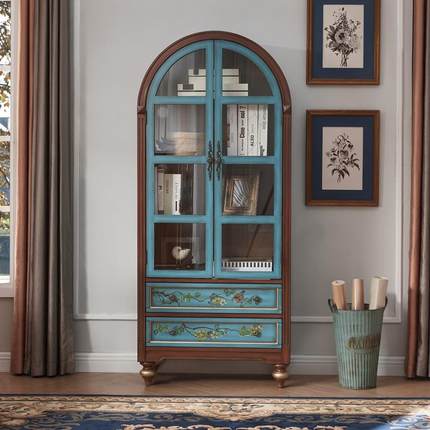 两8V美式书柜带玻璃门柜文件子餐柜边MYJ柜橱柜书架书整房家具彩