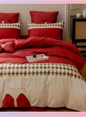 TUF品F767T6S94公主红色结婚庆套四件1800支长绒棉喜被床1.陪嫁新