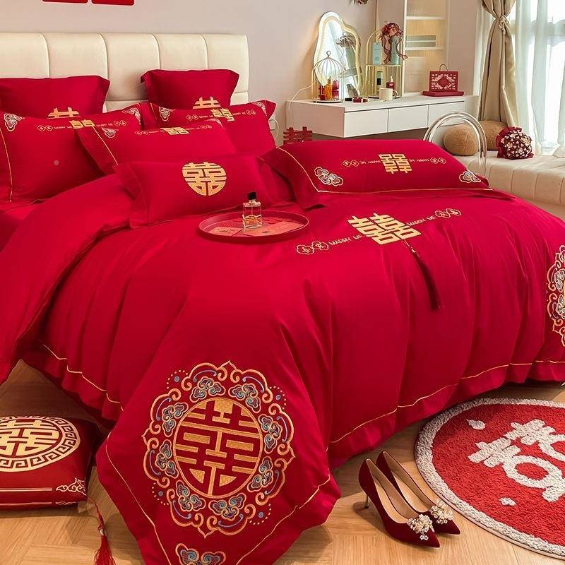 Ed674hFDb4C高中式龙凤绣结婚四件套大红色床单床被套刺喜笠被婚