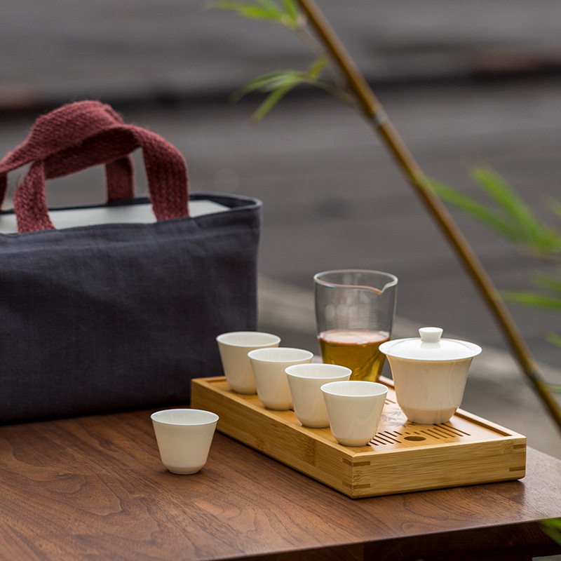 旅之玉兰米黄盖碗便携旅行茶具