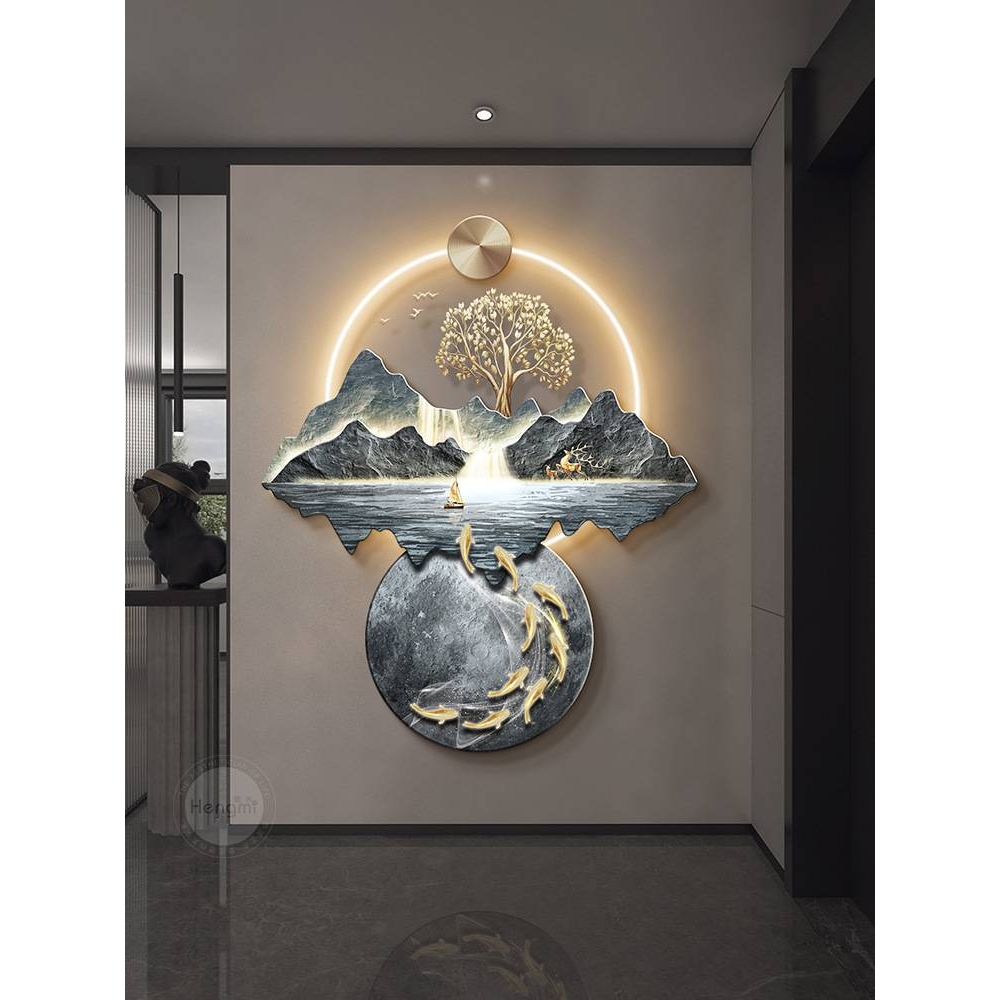 流水生财新中式玄关装饰画大气山水走廊过道挂画发财树入户墙壁画图片