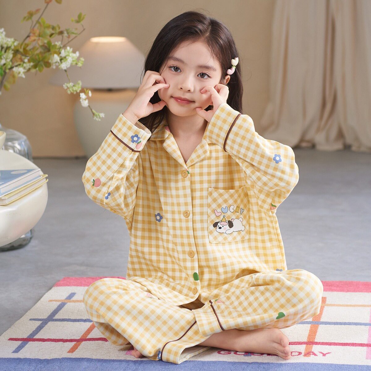 儿童睡衣女孩纯棉长袖春秋季2026新款女童卡通格子开衫家居服套装