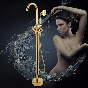 工厂落地浴缸龙头 金色全铜立式双把手圆形缸边冷热 古典美式套装