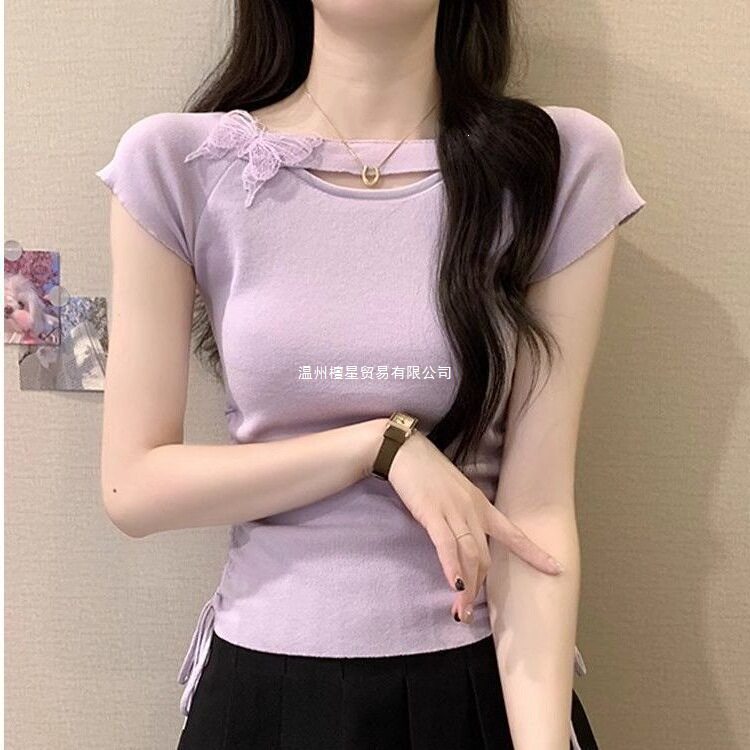 夏季150cm小个子矮个子女装蝴蝶结短袖多巴胺掐腰独特打底衫