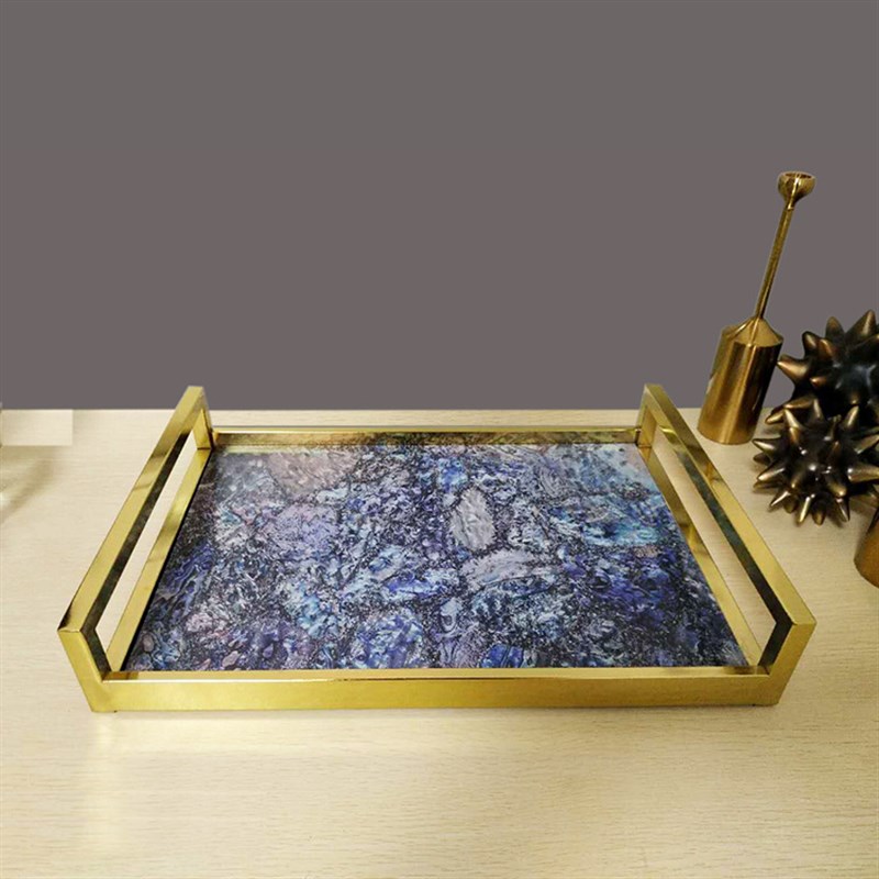 钛金色五金木板印花托盘家装轻奢现代简约创意软装饰品样板房摆件